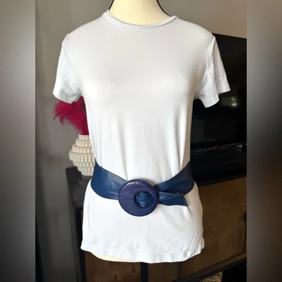 Vintage Blue Leather Belt with Blue Acrylic Buckle - Picture 2 of 7